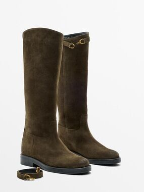 NWT Massimo Dutti Oiled Split Suede Riding Boots Khaki Brown Size EU 39 / US 8